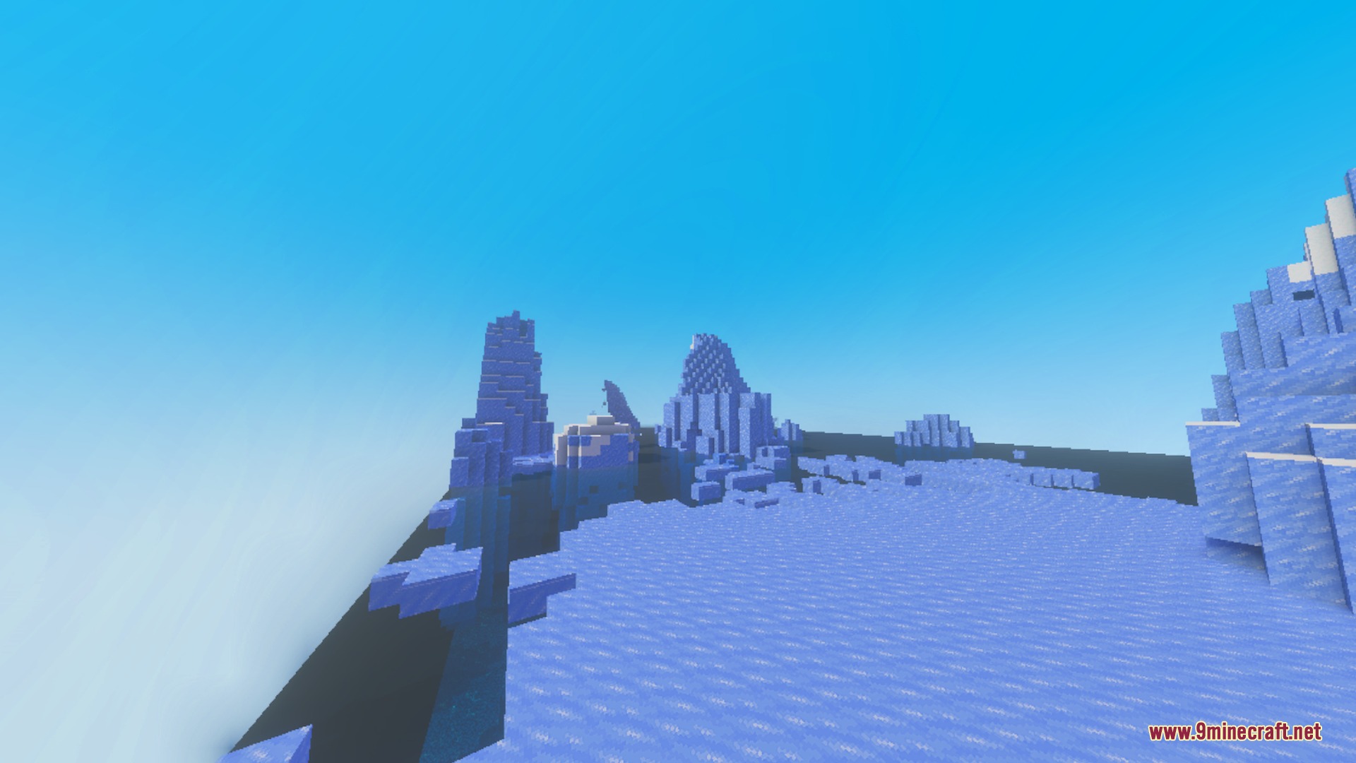 True Shades Realism Shader Screenshot 3 Frozen landscape with tall ice spikes under a clear blue sky
