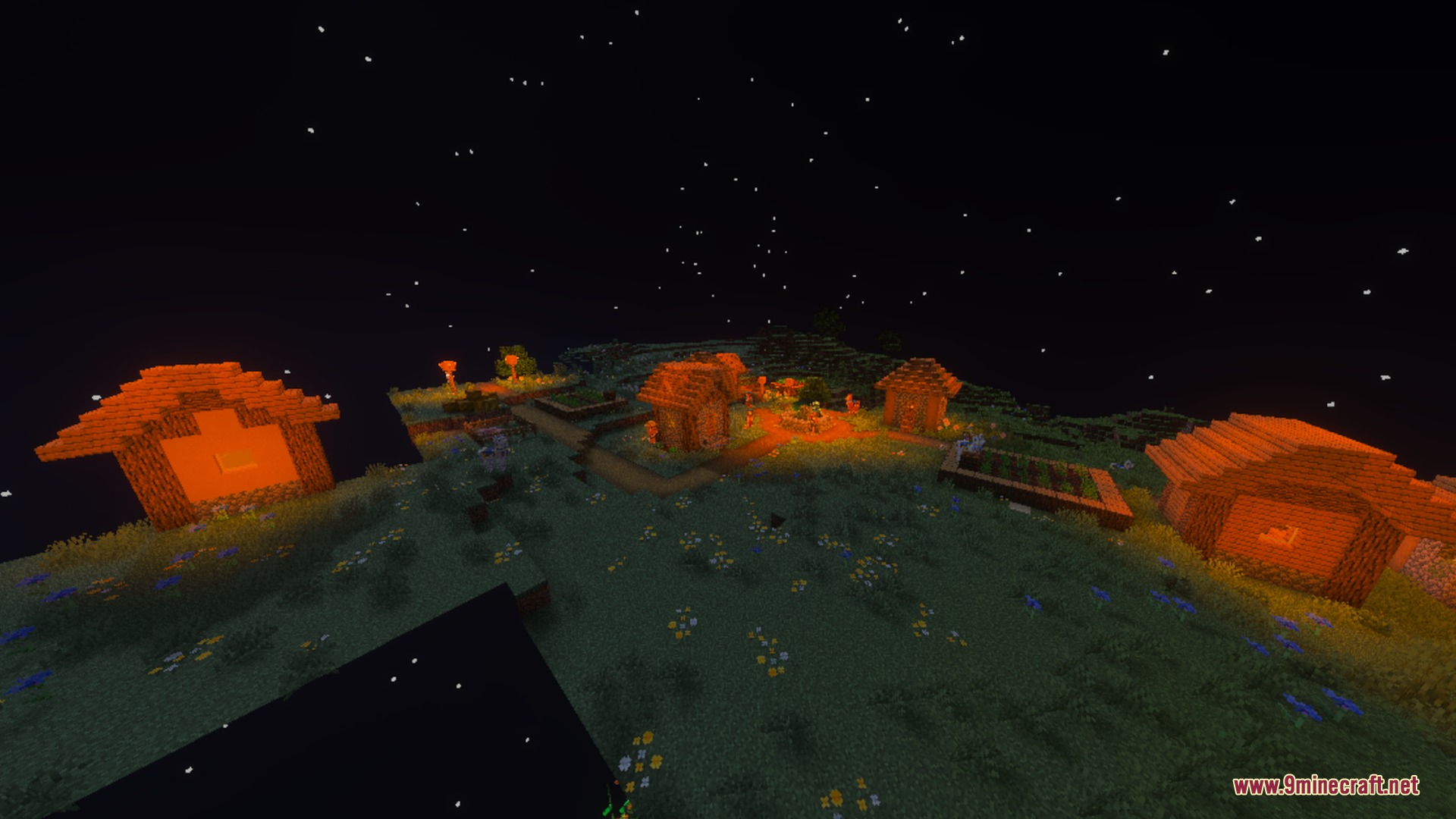 True Shades Realism Shader Screenshot 4 Small village illuminated by warm orange lights under a starry night sky