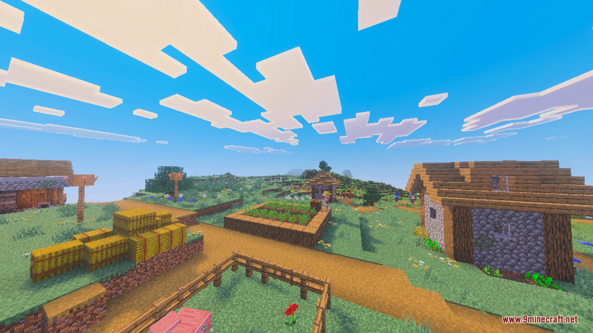 True Shades Realism Shader Screenshot 6 A peaceful village scene with soft fog and realistic clouds in Minecraft