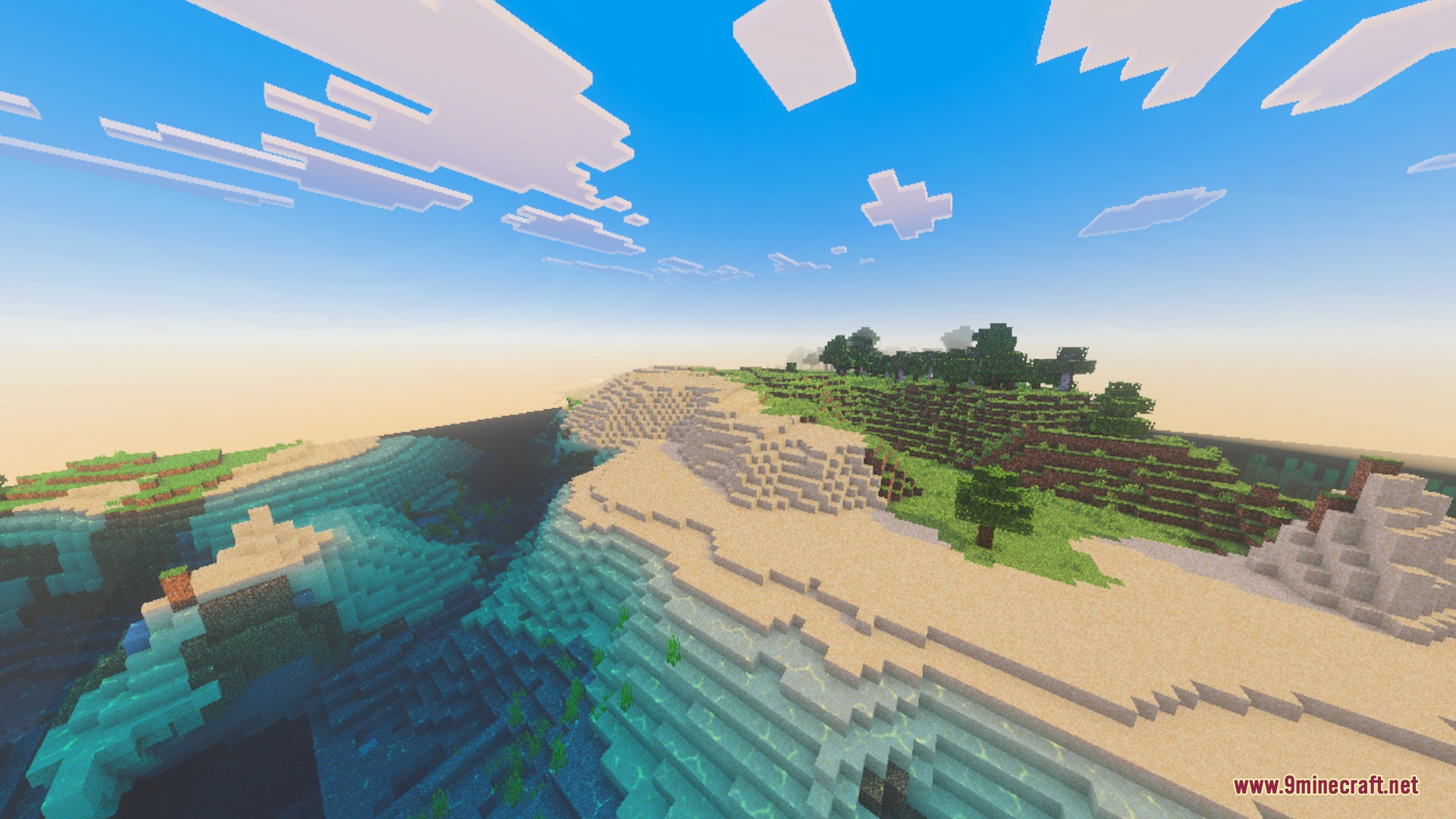 True Shades Realism Shader Screenshot 7 Minecraft beach landscape with realistic water reflections and soft atmospheric fog