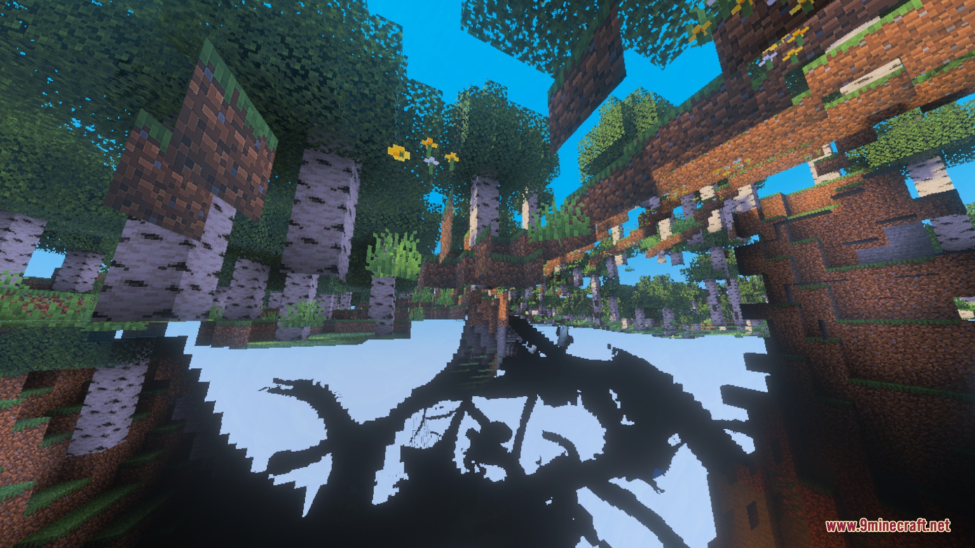 True Shades Realism Shader Screenshot 8 View from underground showing birch forest silhouettes against a bright blue sky