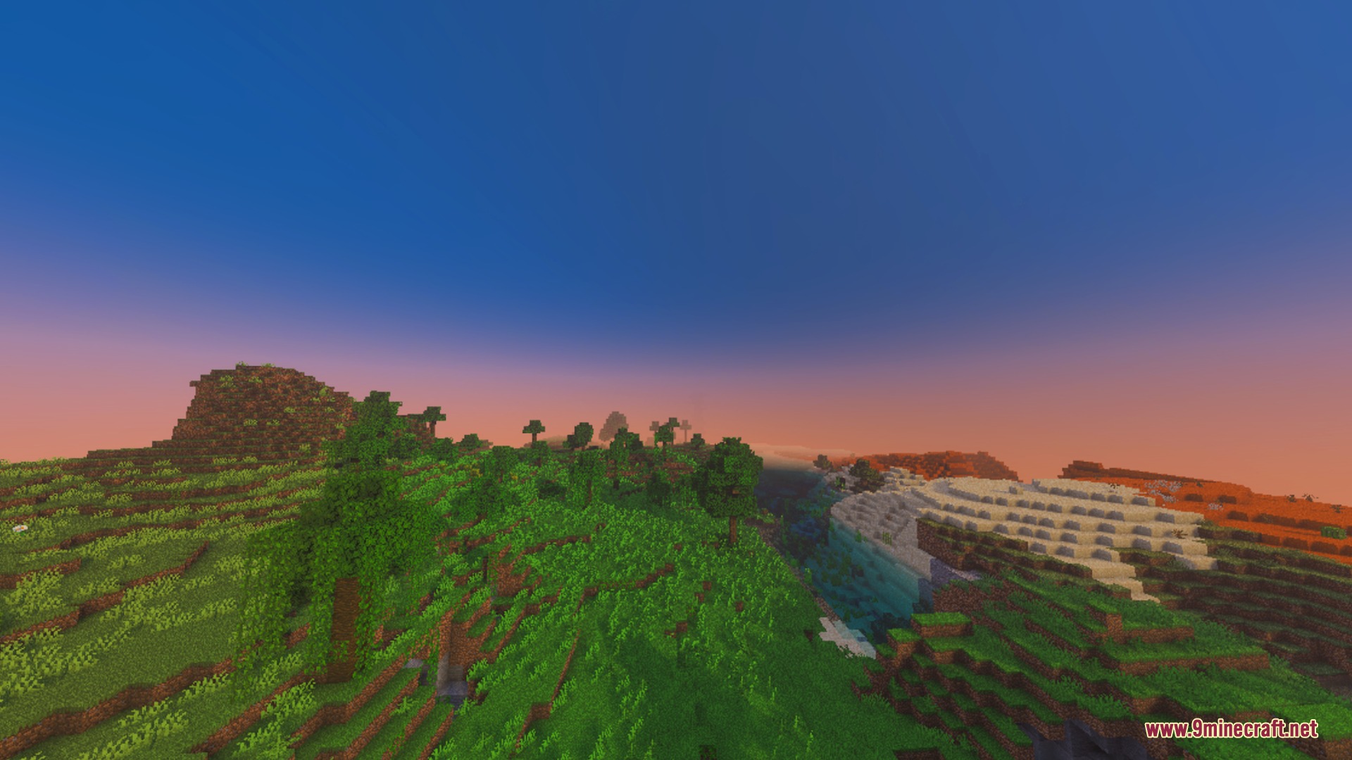 True Shades Realism Shader Screenshot 9 Scenic Minecraft landscape with rolling green hills under a vibrant sunset sky