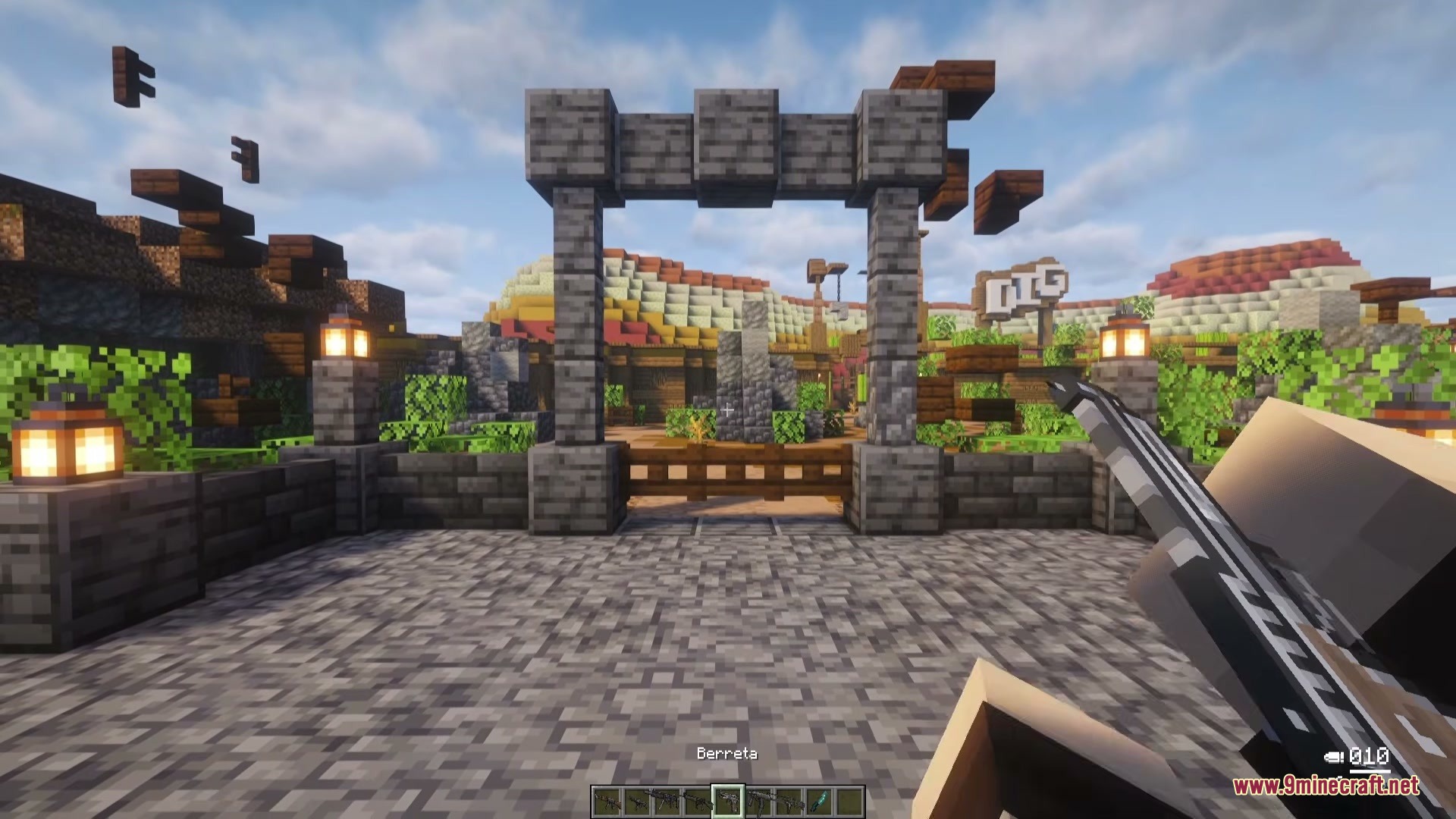 Tunneler Rush Mod Screenshot 1 Player holding a Berreta pistol in front of a large stone archway