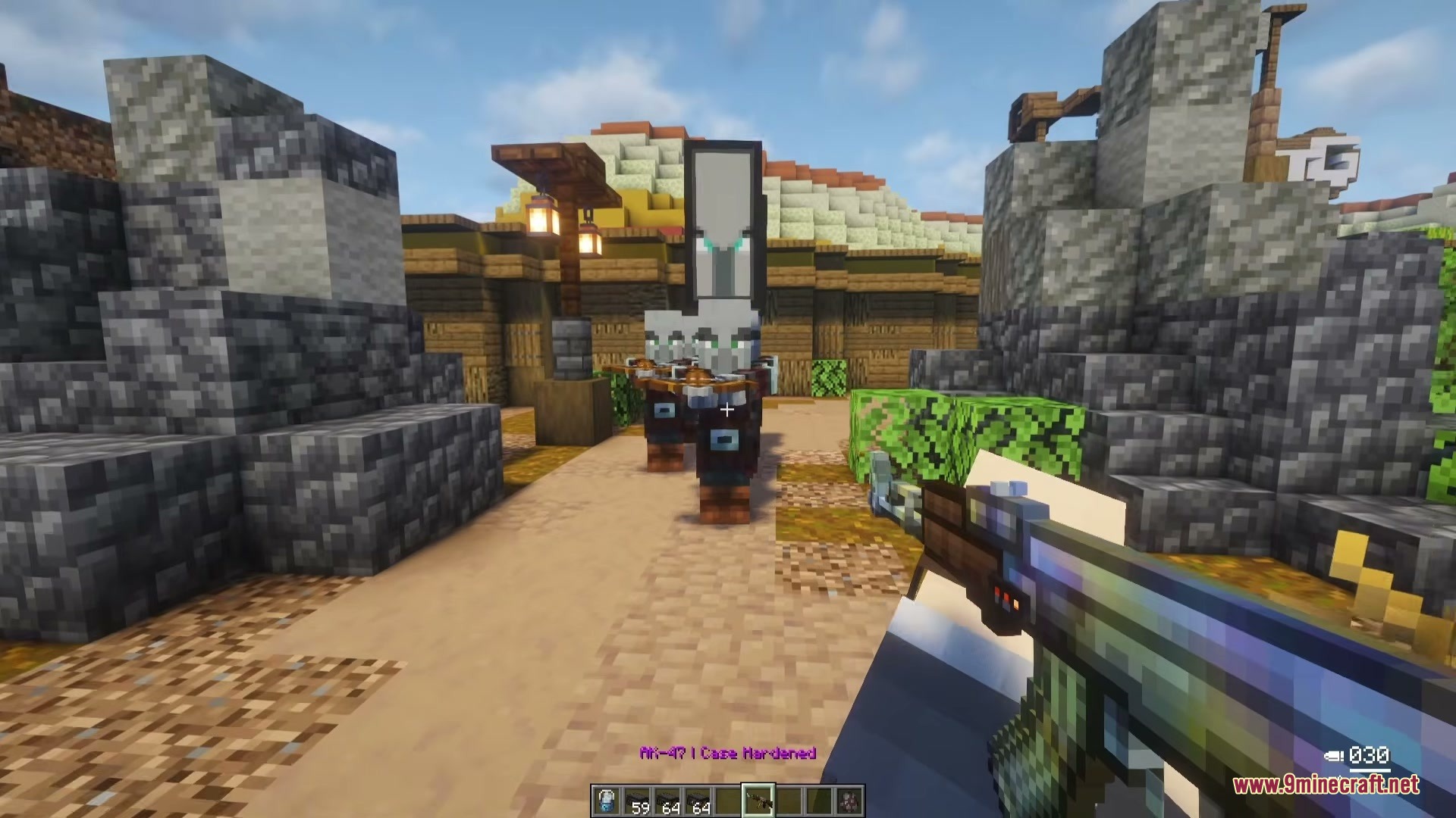 Tunneler Rush Mod Screenshot 2 Player aiming a Case Hardened AK47 at a group of hostile Pillagers