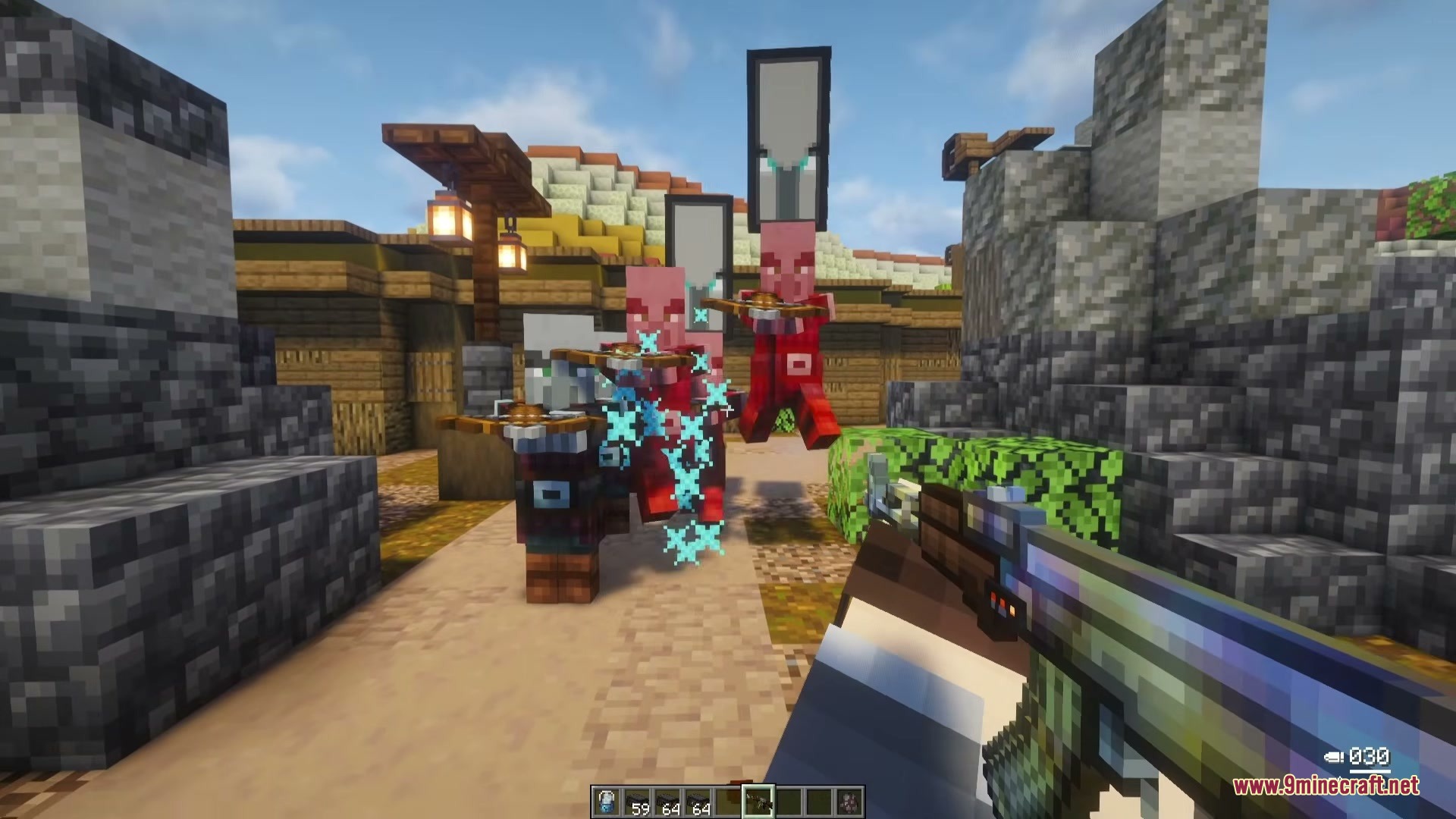 Tunneler Rush Mod Screenshot 3 Player using a modern assault rifle to fight hostile Pillagers in Minecraft