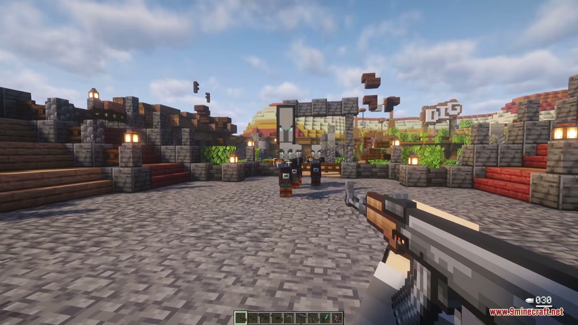 Tunneler Rush Mod Screenshot 4 A player holds a realistic firearm while facing Pillagers in a courtyard
