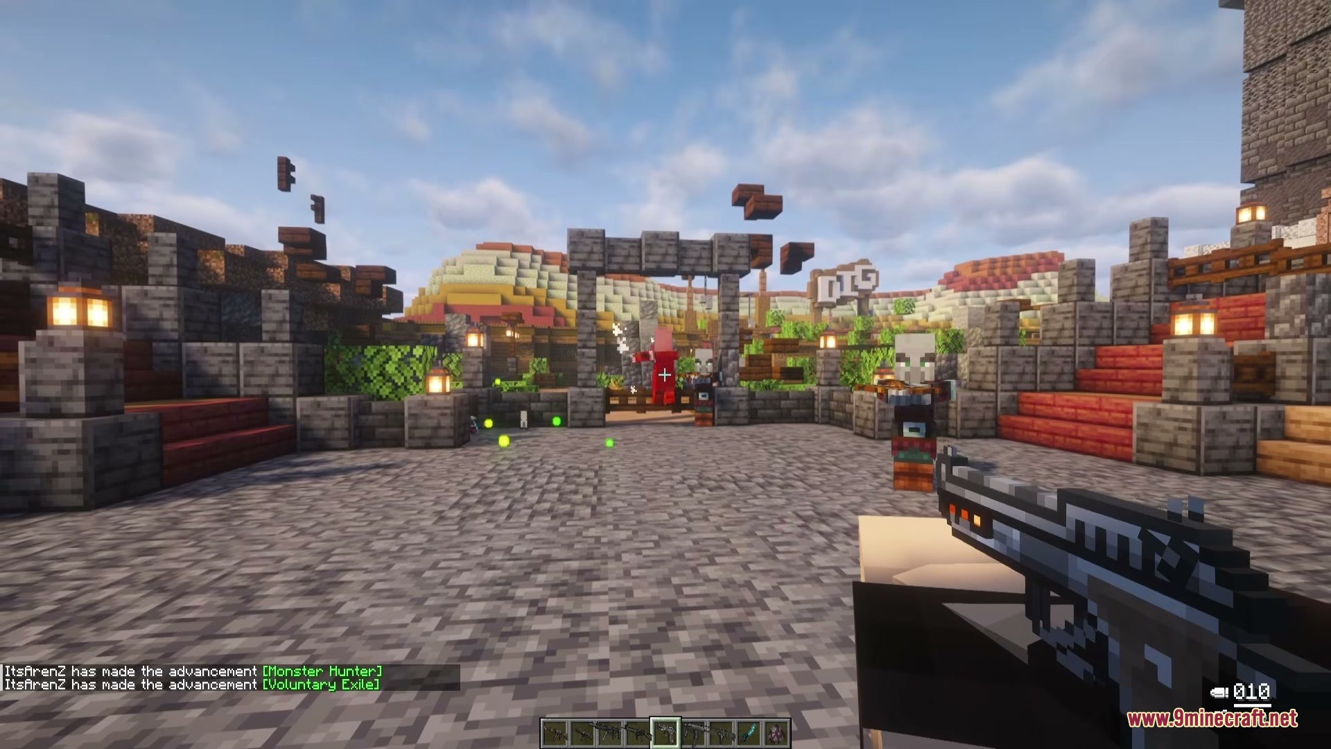 Tunneler Rush Mod Screenshot 5 Player using a pistol from Tunneler Rush Mod in a stone courtyard