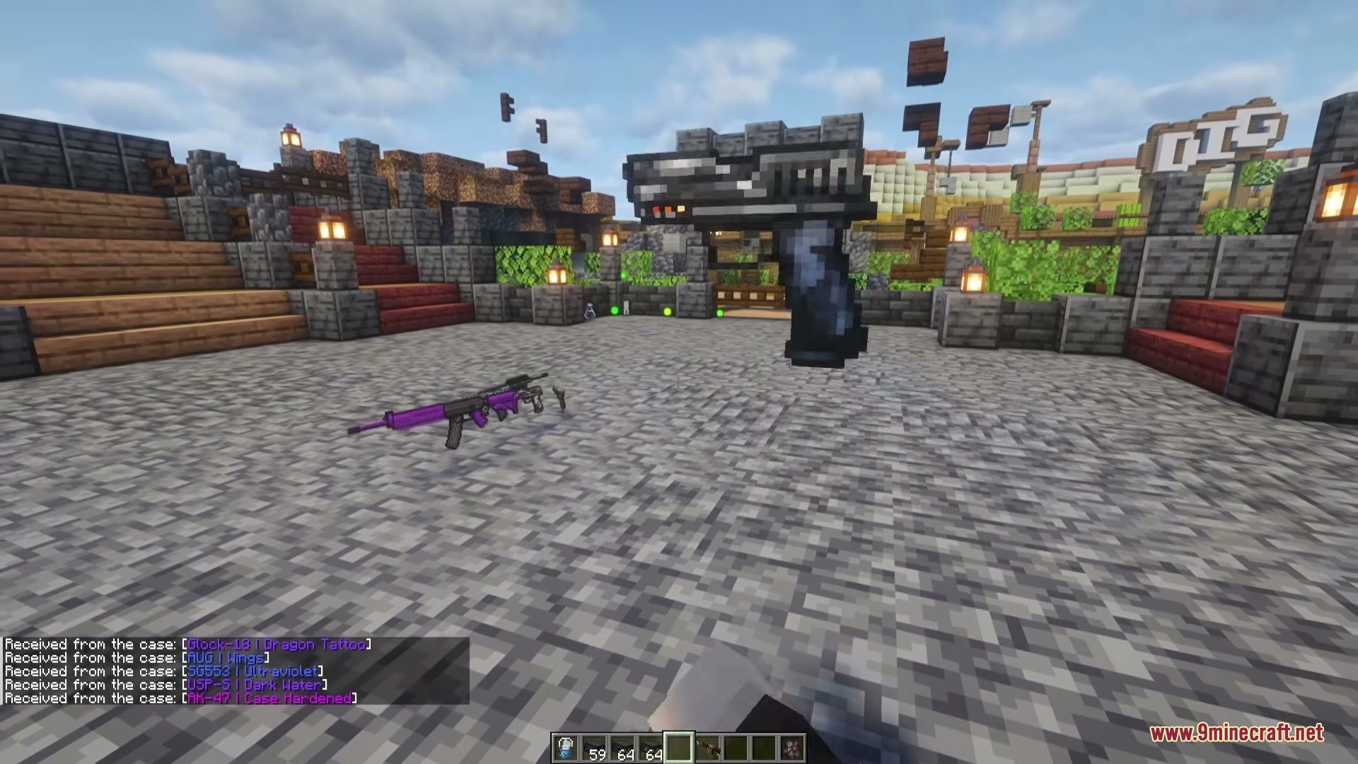 Tunneler Rush Mod Screenshot 7 Displaying various weapon skins and firearms on the ground in Minecraft