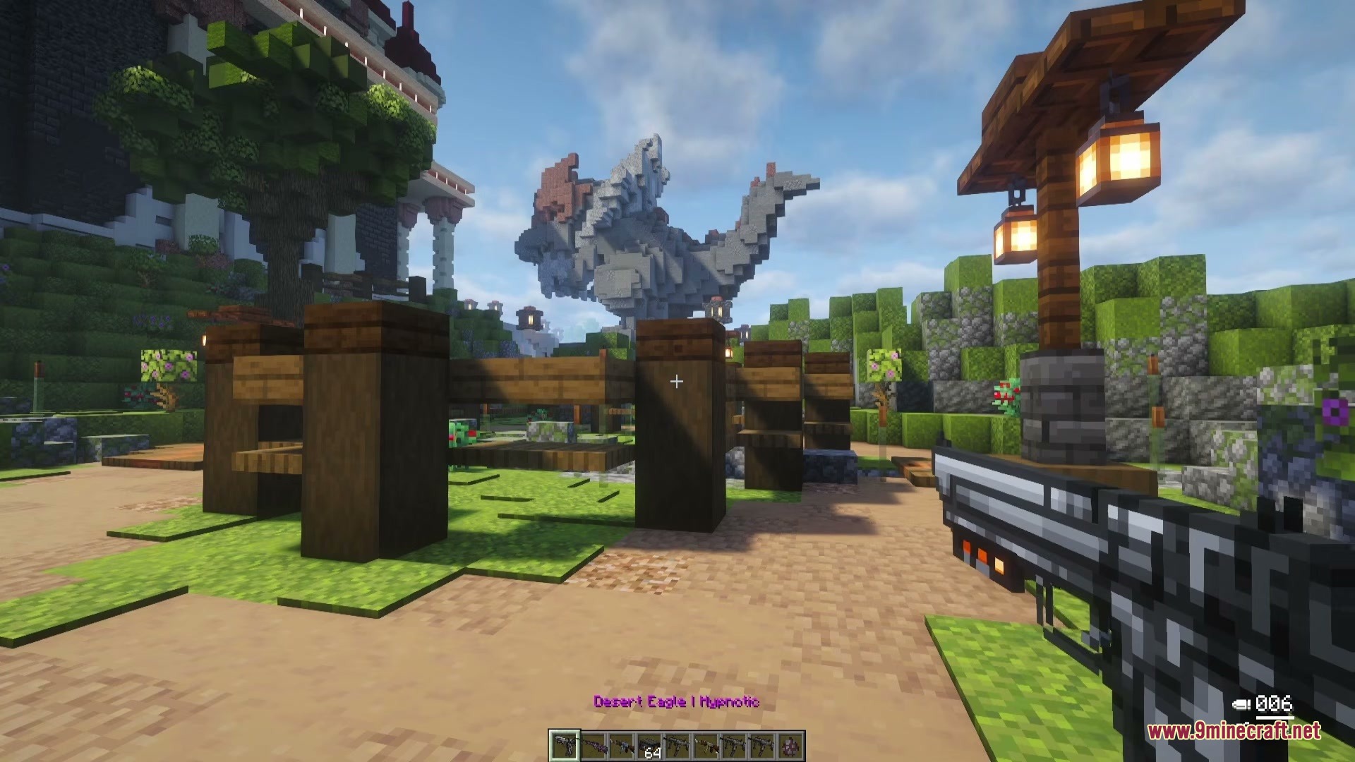 Tunneler Rush Mod Screenshot 9 Player holding a Desert Eagle pistol near a large stone dragon statue