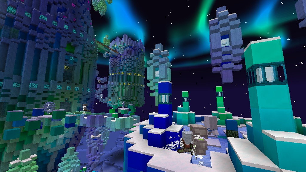 Twilight Forest Aurora Palace Regeared Data Pack Screenshot 2 Intricate colorful towers and floating platforms glowing under a vibrant aurora sky