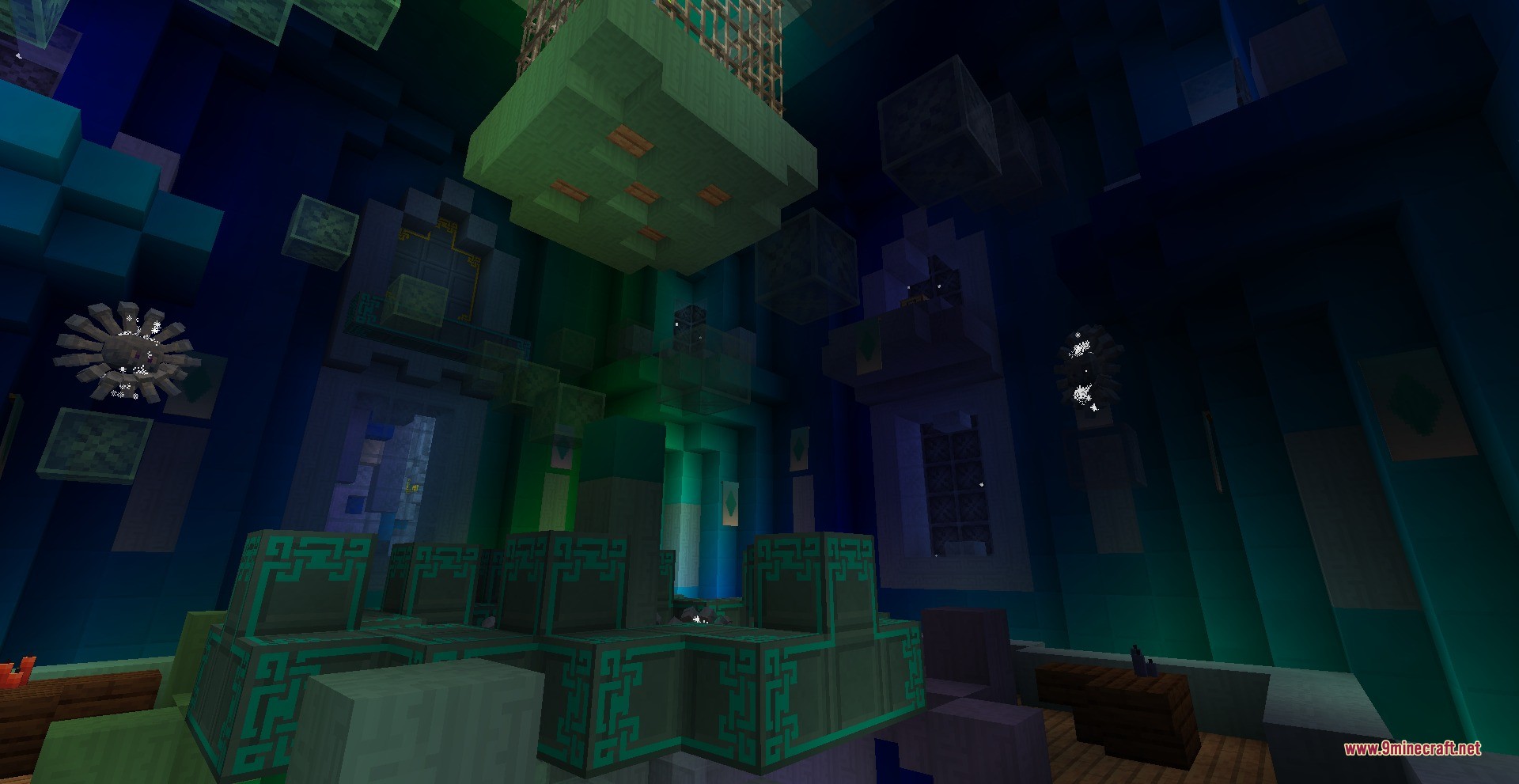 Twilight Forest Aurora Palace Regeared Data Pack Screenshot 3 A dark interior view of a massive palace with colorful glowing blocks