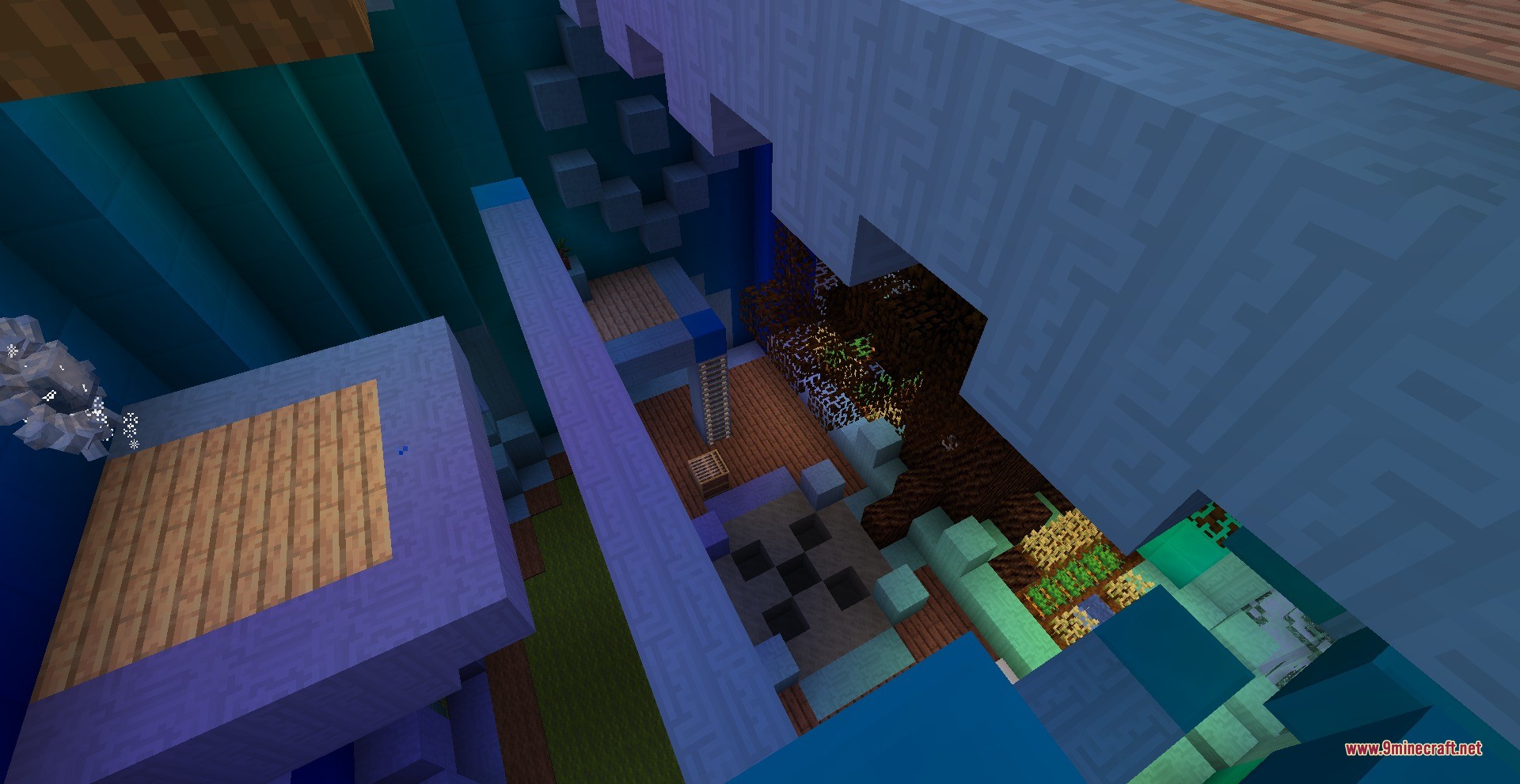Twilight Forest Aurora Palace Regeared Data Pack Screenshot 4 An overhead view of a room featuring wooden floors and indoor farm areas