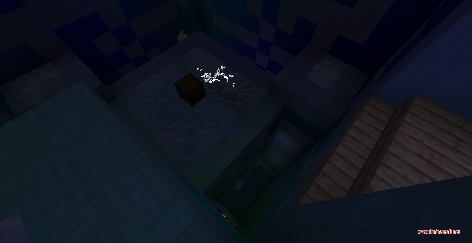 Twilight Forest Aurora Palace Regeared Data Pack Screenshot 5 A dark tower room with a brown block and snowflake particles near a pit