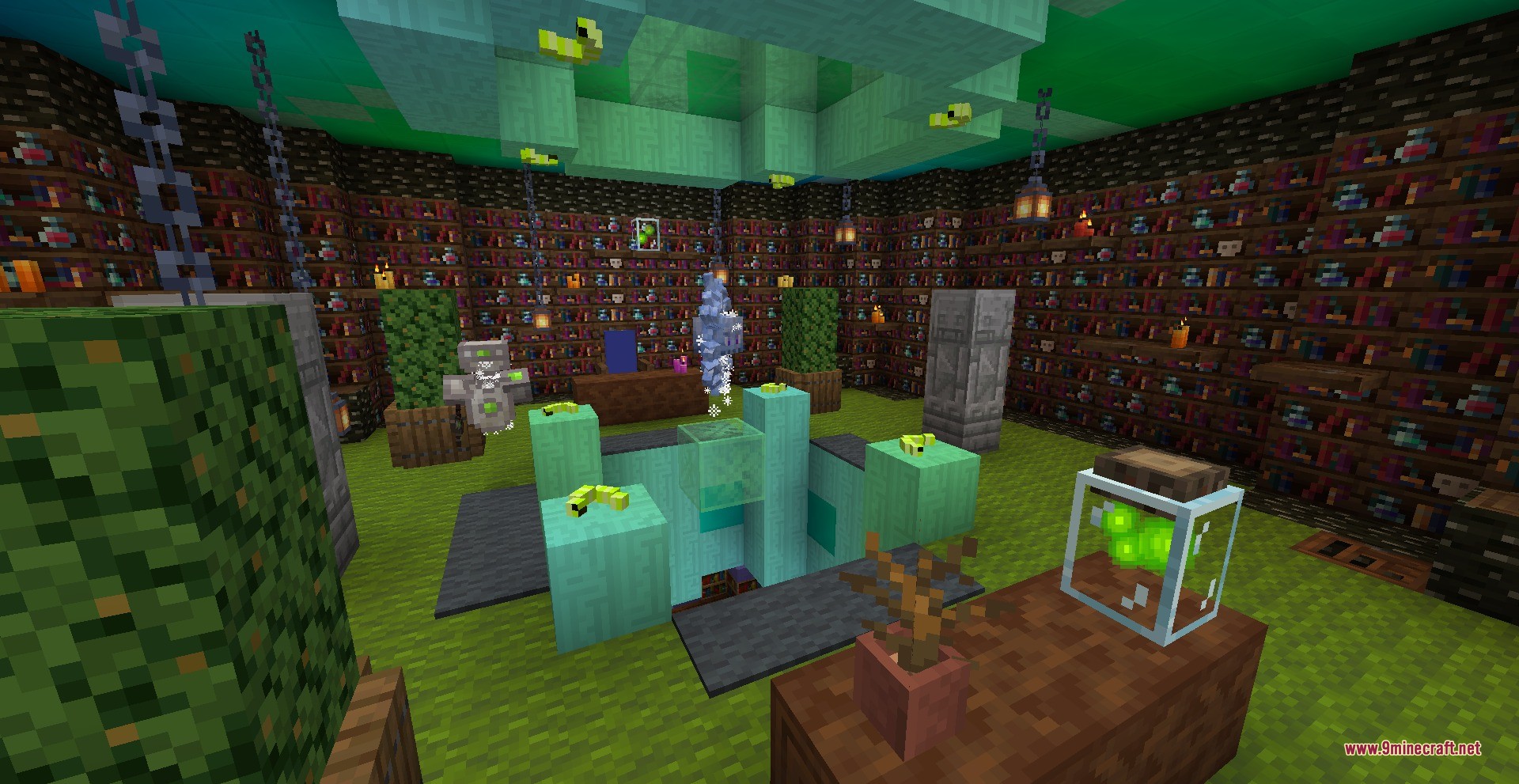 Twilight Forest Aurora Palace Regeared Data Pack Screenshot 6 A detailed library room with bookshelves and green slime in a glass jar