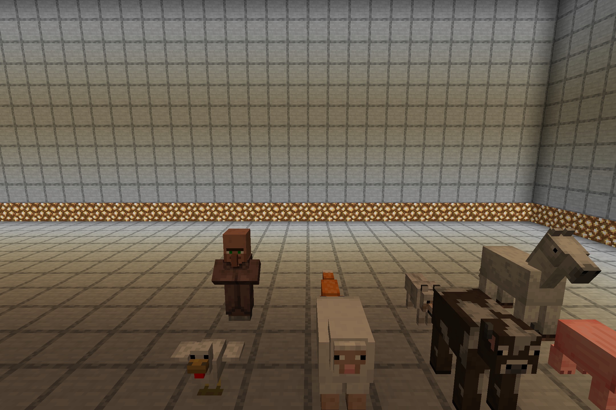 TwilightMercy's Minimal Armor Resource Pack Screenshot 3 A villager and several animals standing in a large room with stone walls