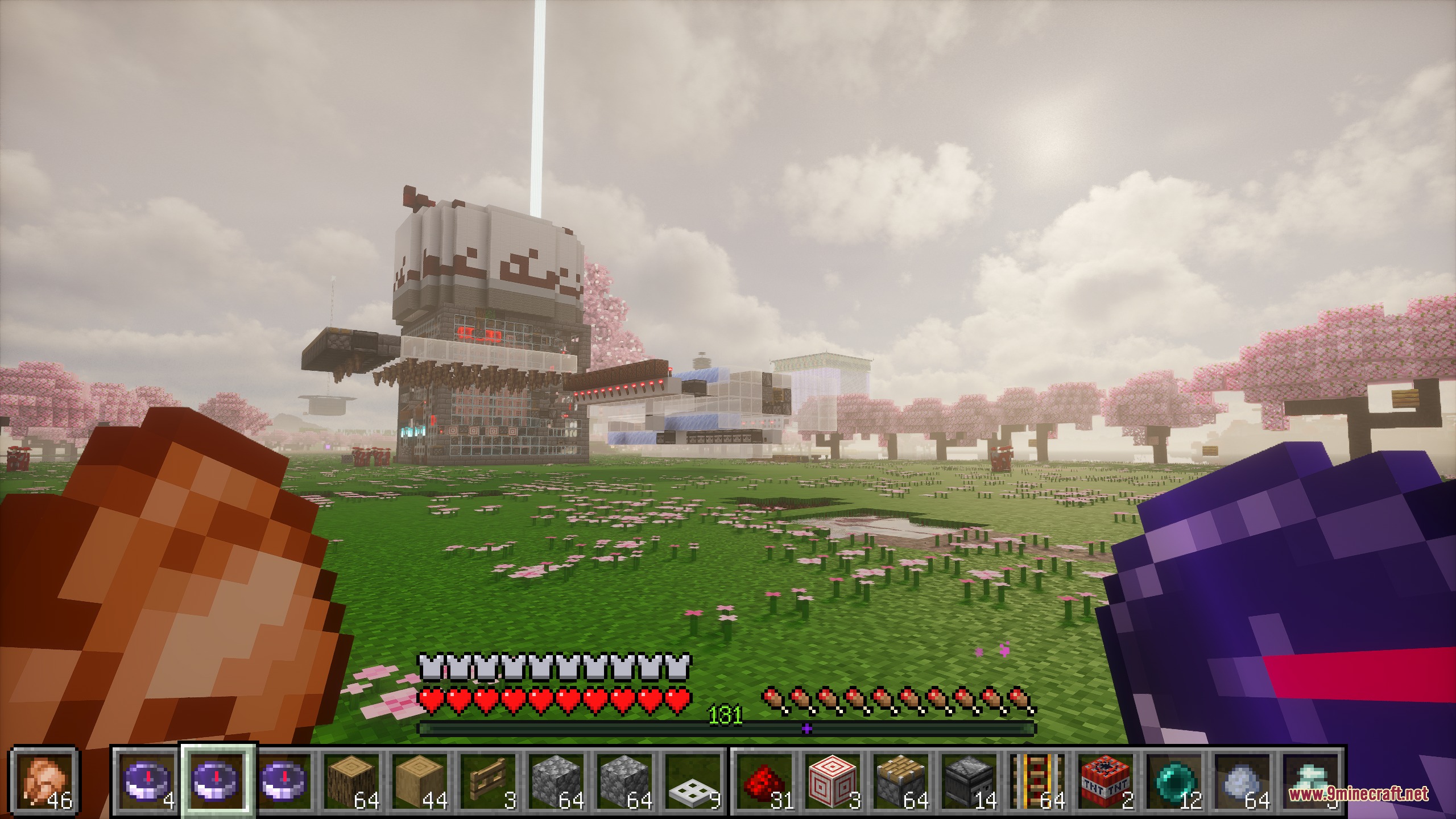 Twin Stack Reach Mod Screenshot 1 Twin Stack Reach Mod displays multiple hotbars on screen in a cherry blossom biome