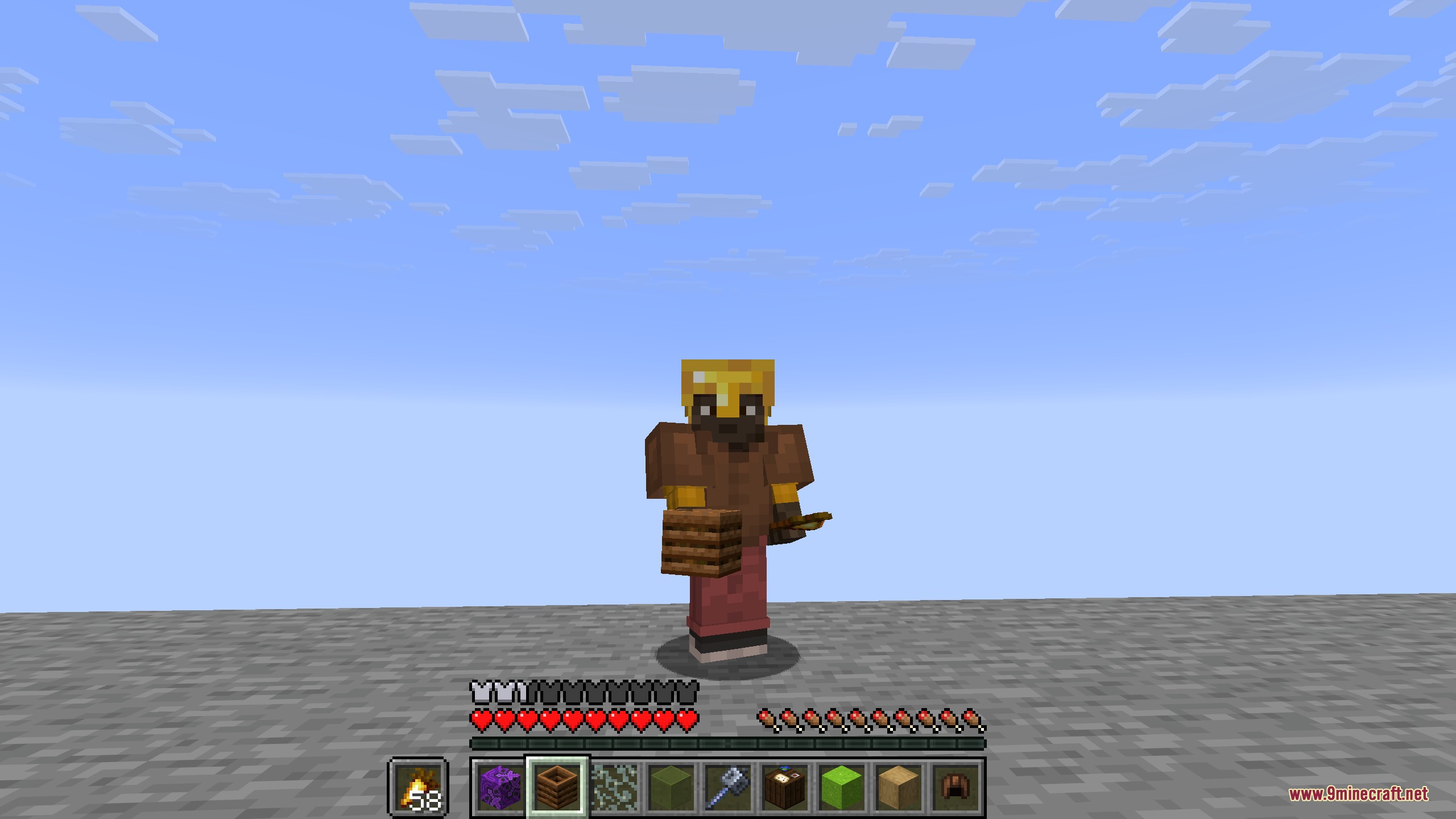 Twin Stack Reach Mod Screenshot 3 Minecraft player wearing a gold helmet holding a composter with extra hotbars