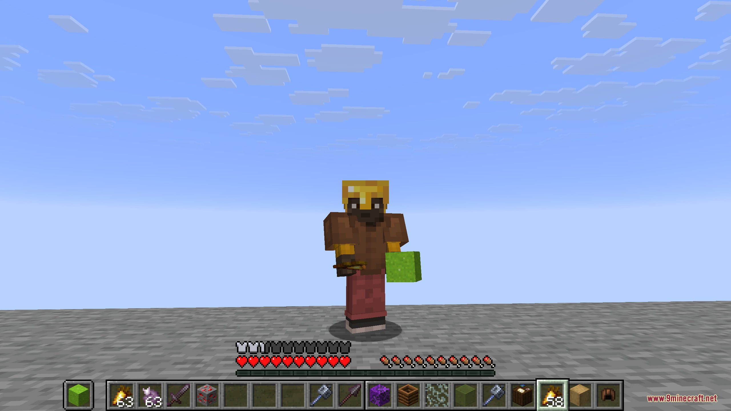 Twin Stack Reach Mod Screenshot 4 Minecraft character holding a lime block with multiple hotbars displayed on screen
