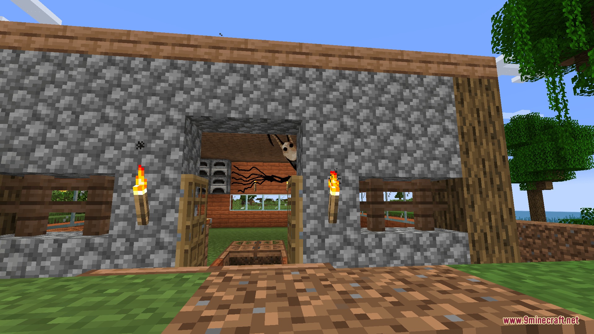 Twixxel Stalker Reimagined Main Modpack is by Skyethefox Mod Screenshot 1 A terrifying stalker creature peeking from behind a wall inside a cobblestone house