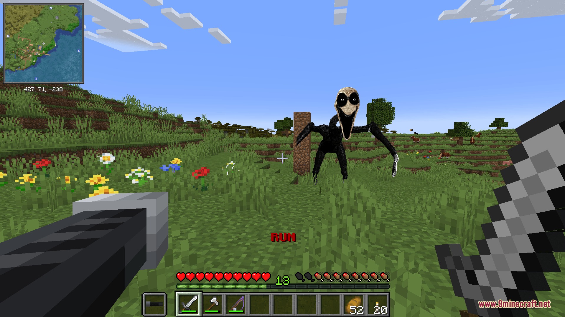 Twixxel Stalker Reimagined Main Modpack is by Skyethefox Mod Screenshot 2 A tall black monster with a white face chasing the player in a field