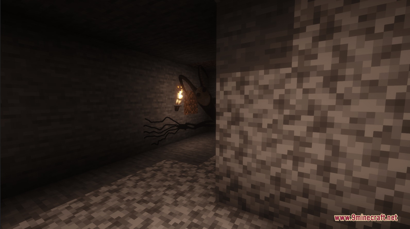 Twixxel Stalker Reimagined Main Modpack is by Skyethefox Mod Screenshot 3 A terrifying shadow creature peeking around a corner in a dark Minecraft cave