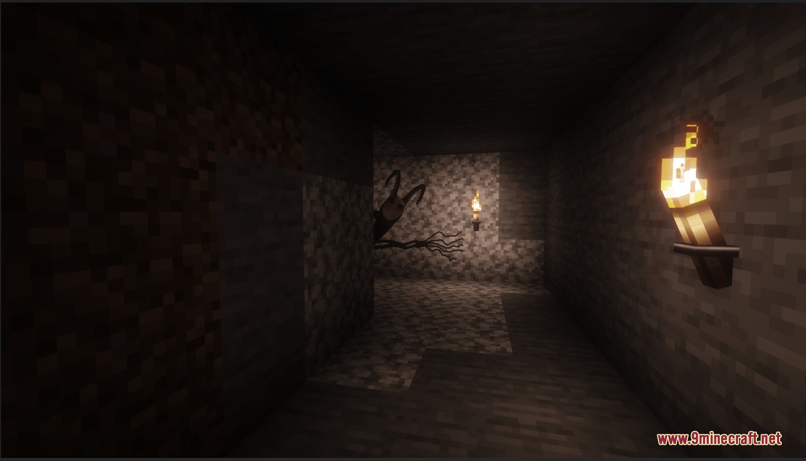 Twixxel Stalker Reimagined Main Modpack is by Skyethefox Mod Screenshot 5 A creepy black monster peeking around a corner in a dark Minecraft cave