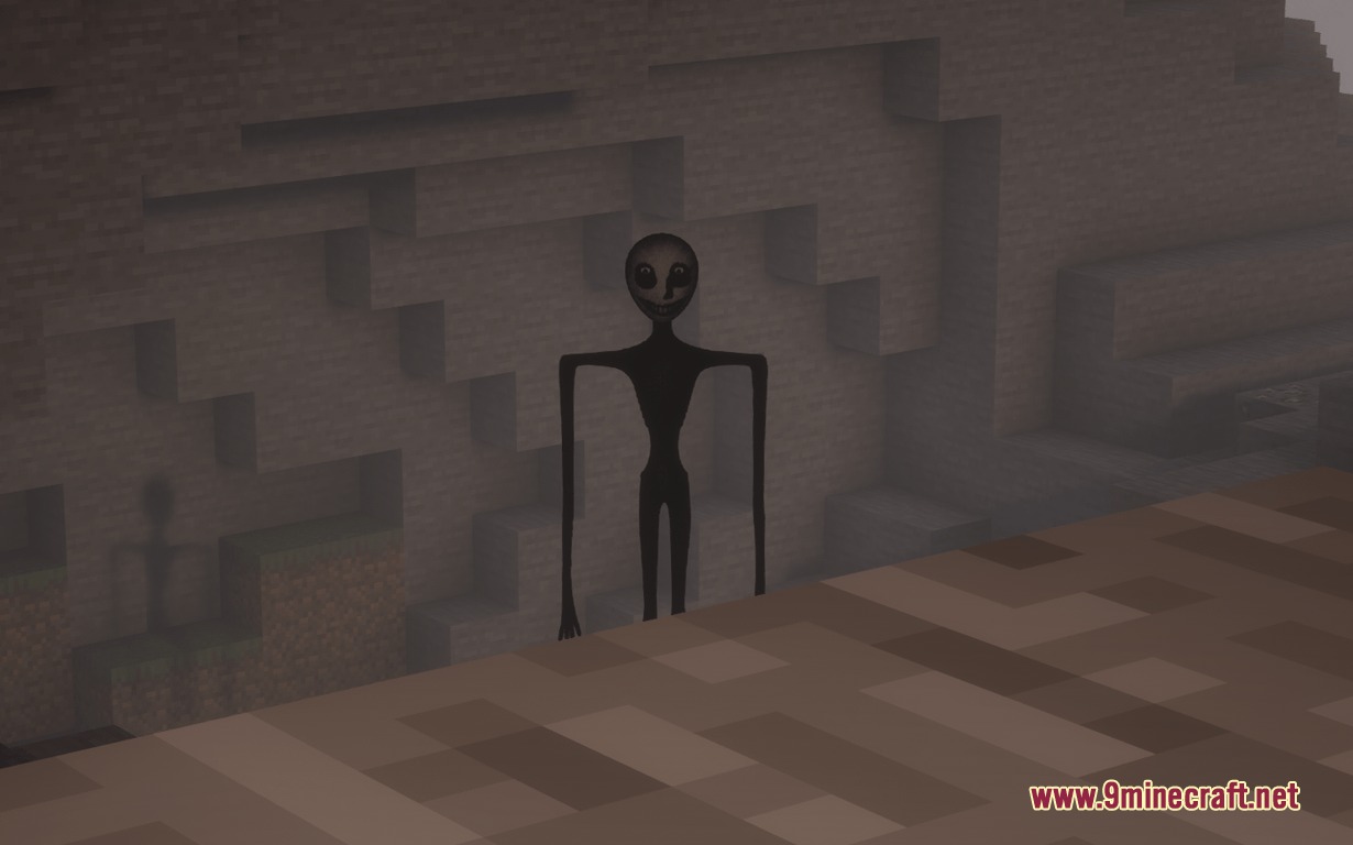 Twixxel Stalker Reimagined Main Modpack is by Skyethefox Mod Screenshot 6 A tall thin stalker monster with a smiling face standing in the fog