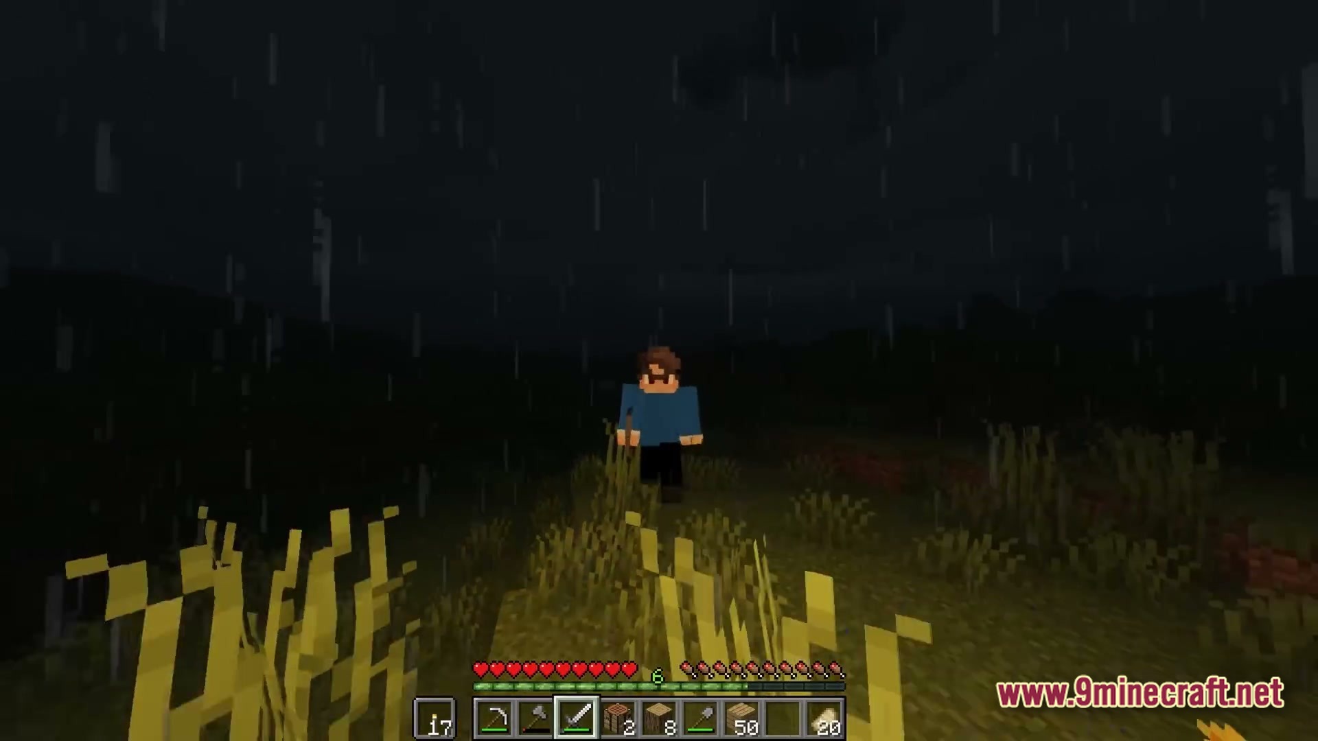 Twixxel's Stalkers Modpack Screenshot 6 A player character stands in a dark, rainy field at night with a survival hotbar visible