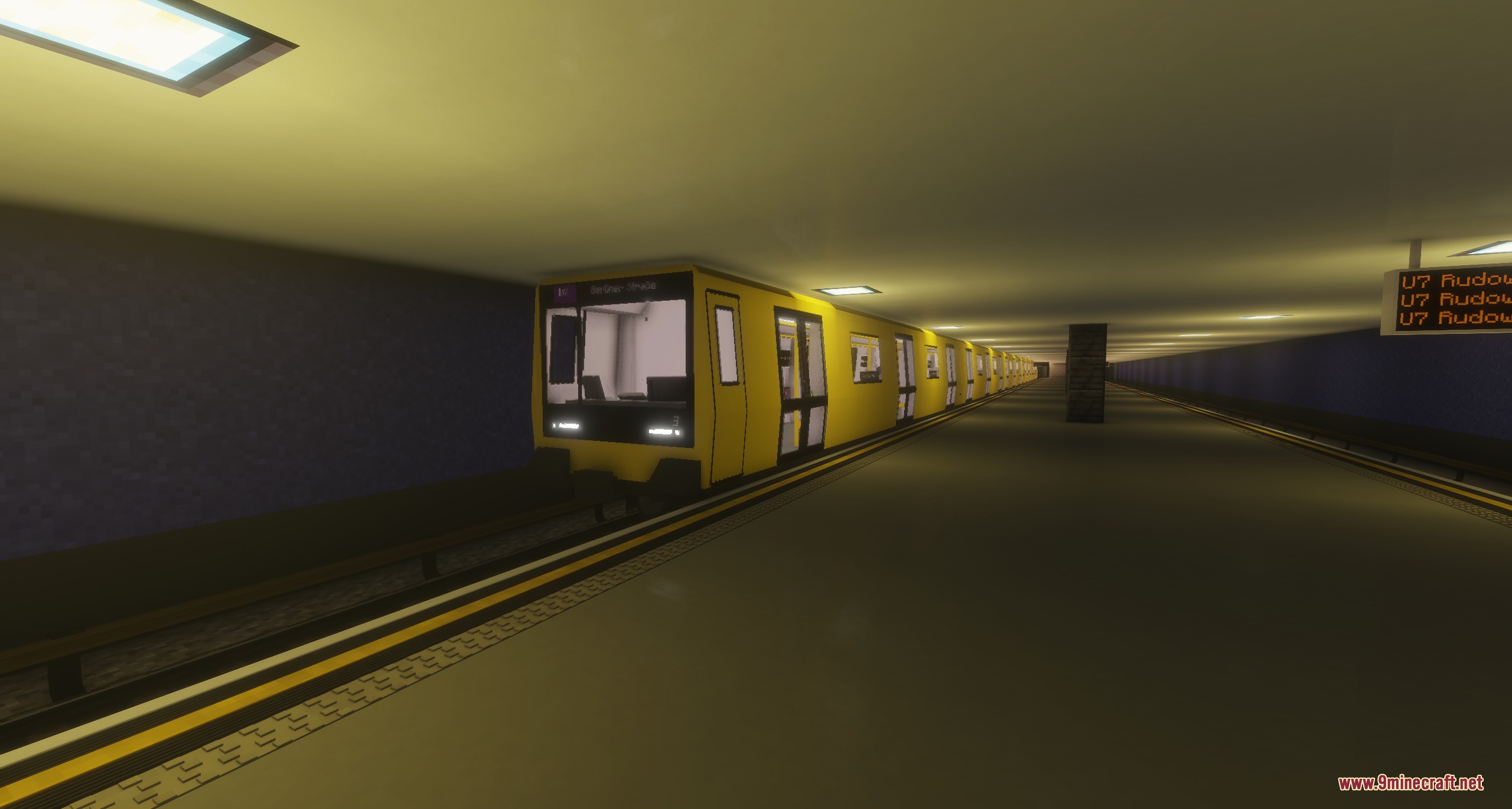 U Bahn Berlin Pack Resource Pack Screenshot 2 Side view of a yellow subway train parked at a long station platform