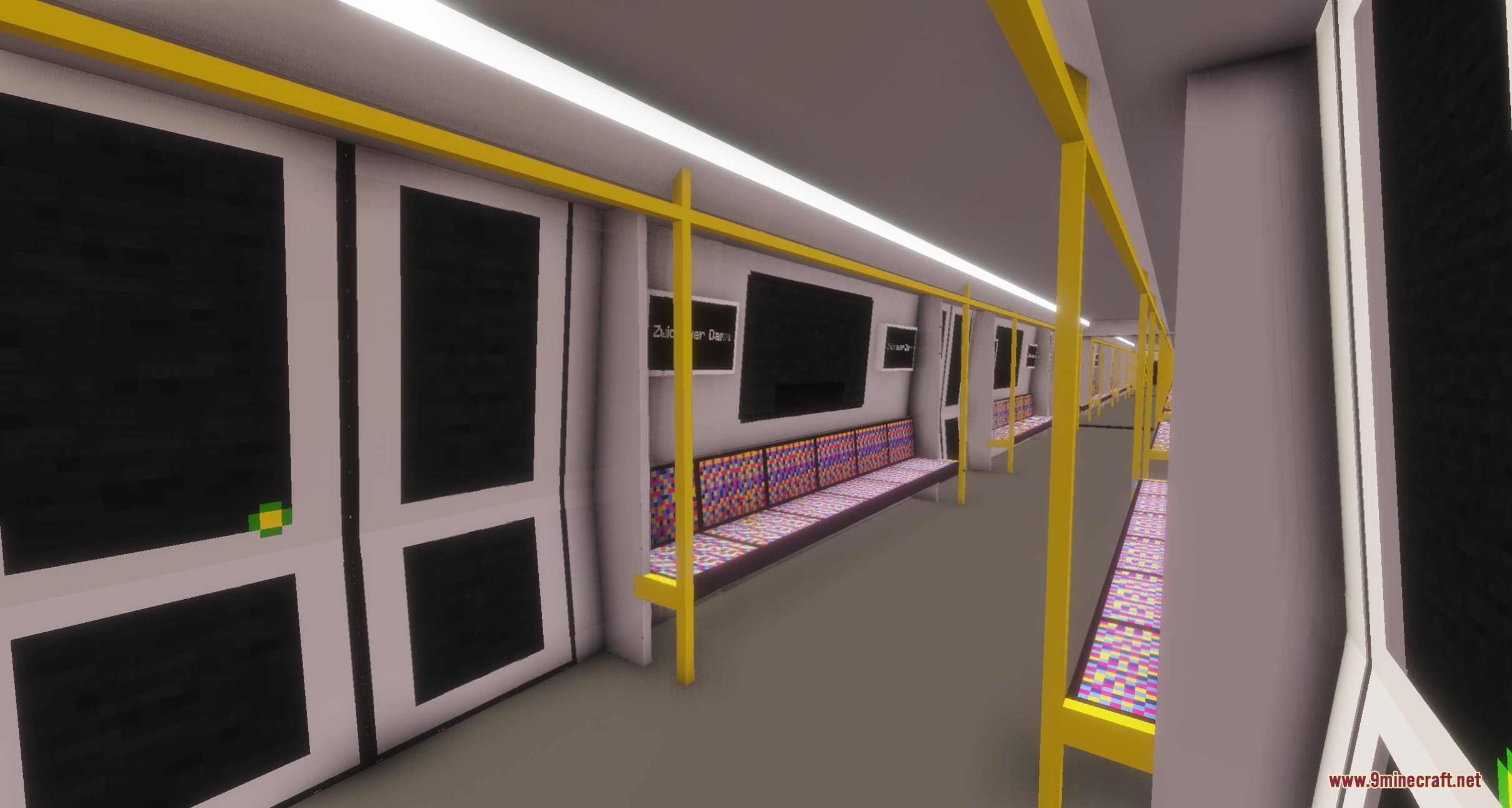 U Bahn Berlin Pack Resource Pack Screenshot 8 Interior view of a modern subway car with yellow handrails and colorful seats