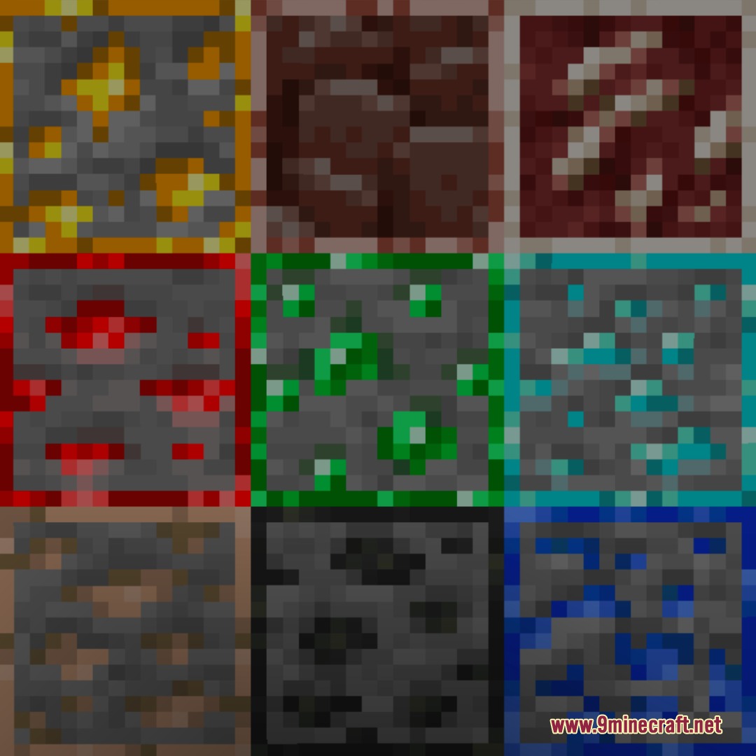 UHC Optimized Resource Pack Screenshot 2 A collection of Minecraft ore blocks with bright color coded outlines