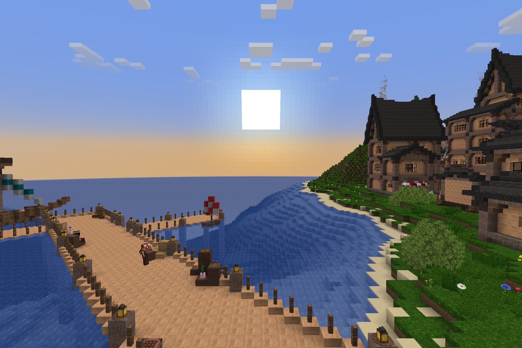 Realistic high resolution textures on a coastal village with a wooden pier