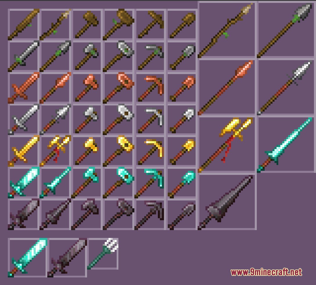 A grid displaying various upgraded Minecraft tools and weapons in different materials