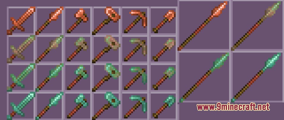 Copper tools and spears transitioning through four different stages of green oxidation
