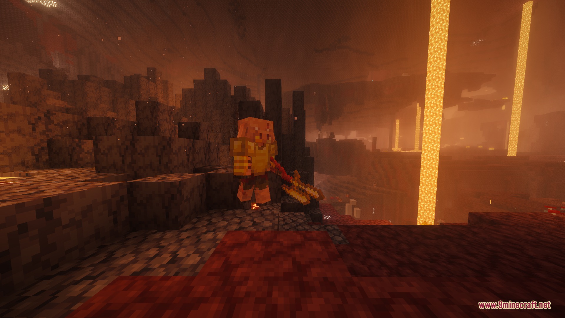 A Piglin holding a custom golden axe in the fiery Nether dimension