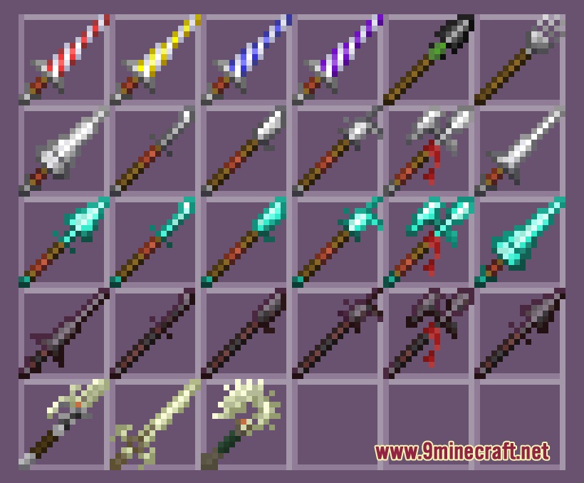 A grid of custom weapon sprites including spears lances and halberds in Minecraft