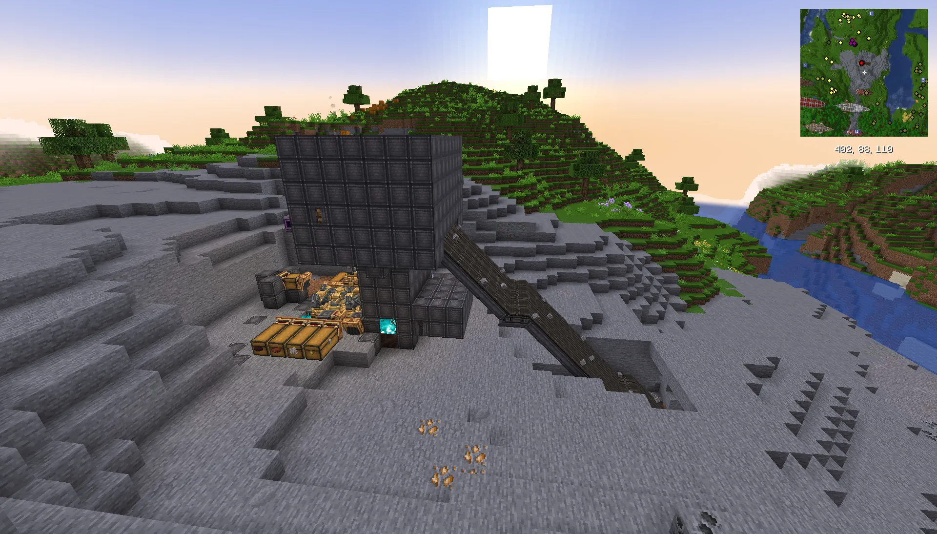 Ultimate Block and Item Factory Schematic Screenshots 2 A large industrial factory structure with conveyor belts in a Minecraft landscape