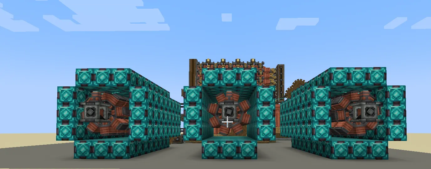 Ultimate Nuclear Reactor Schematic Screenshots 3 Three large generator coils encased in glowing teal blocks for power generation