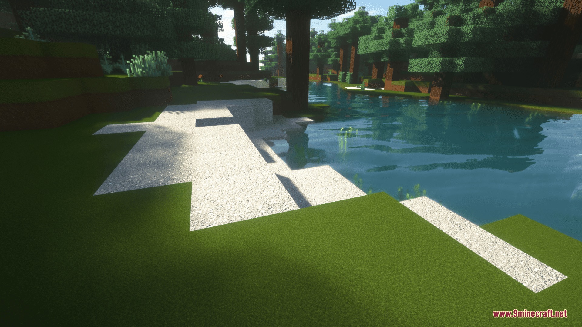 Ultimate Realism Pack Resource Pack Screenshot 1 Ultimate Realism Pack features high resolution grass and stone path textures near water