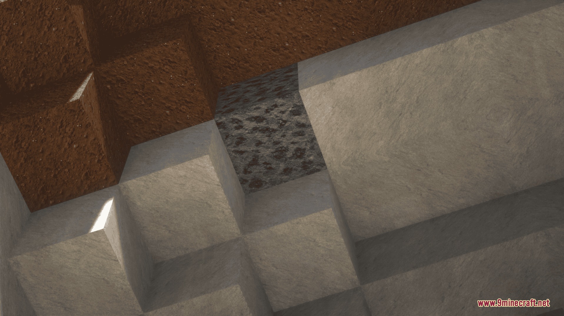 Ultimate Realism Pack Resource Pack Screenshot 2 Detailed photorealistic textures of dirt and stone blocks in a blocky world