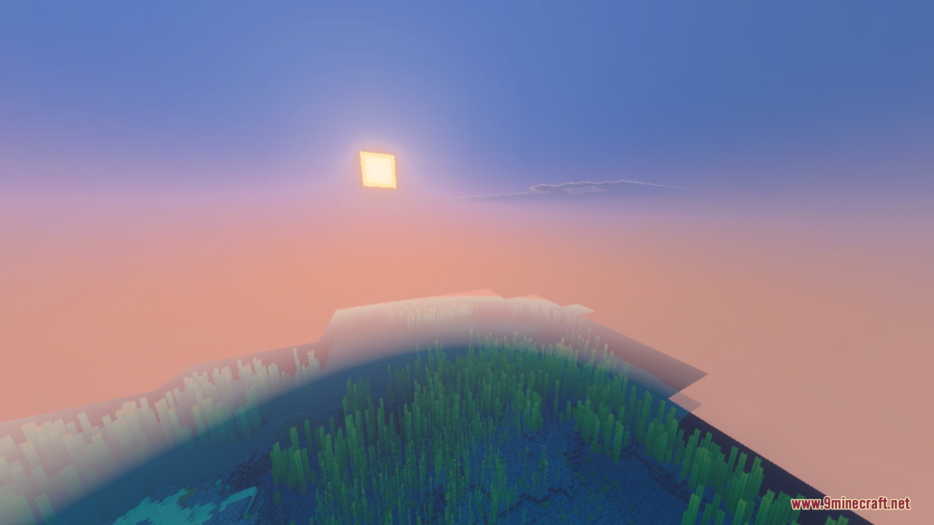Ultimate Shaders Screenshot 3 A square sun sets over a vast ocean filled with green kelp plants