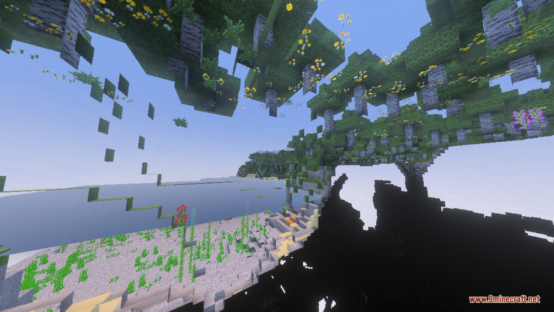 Ultimate Shaders Screenshot 4 Lush green floating islands with yellow flowers hanging over a clear blue lake