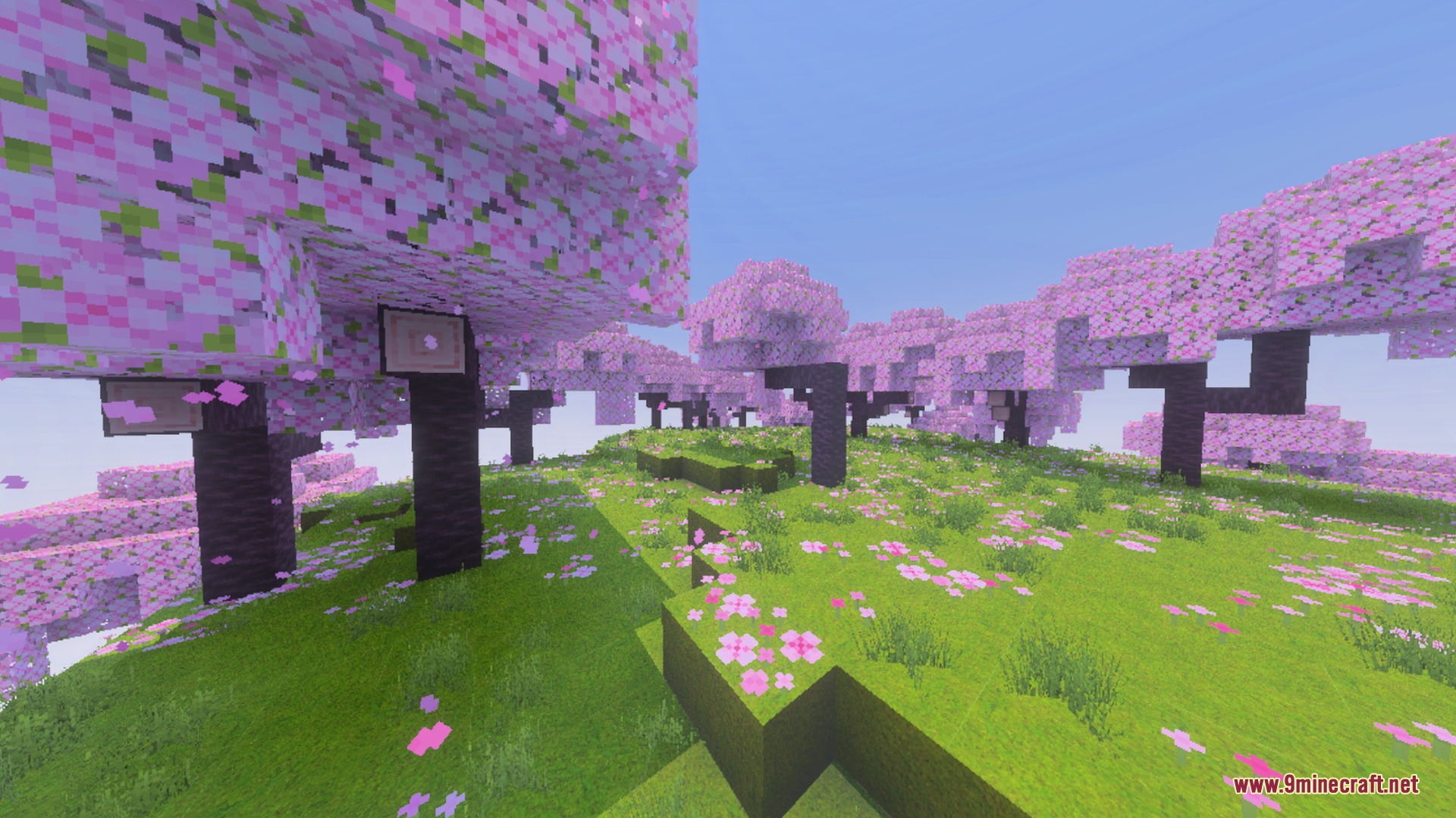 Ultimate Shaders Screenshot 5 Vibrant cherry blossom biome featuring pink leaves and lush green grass textures