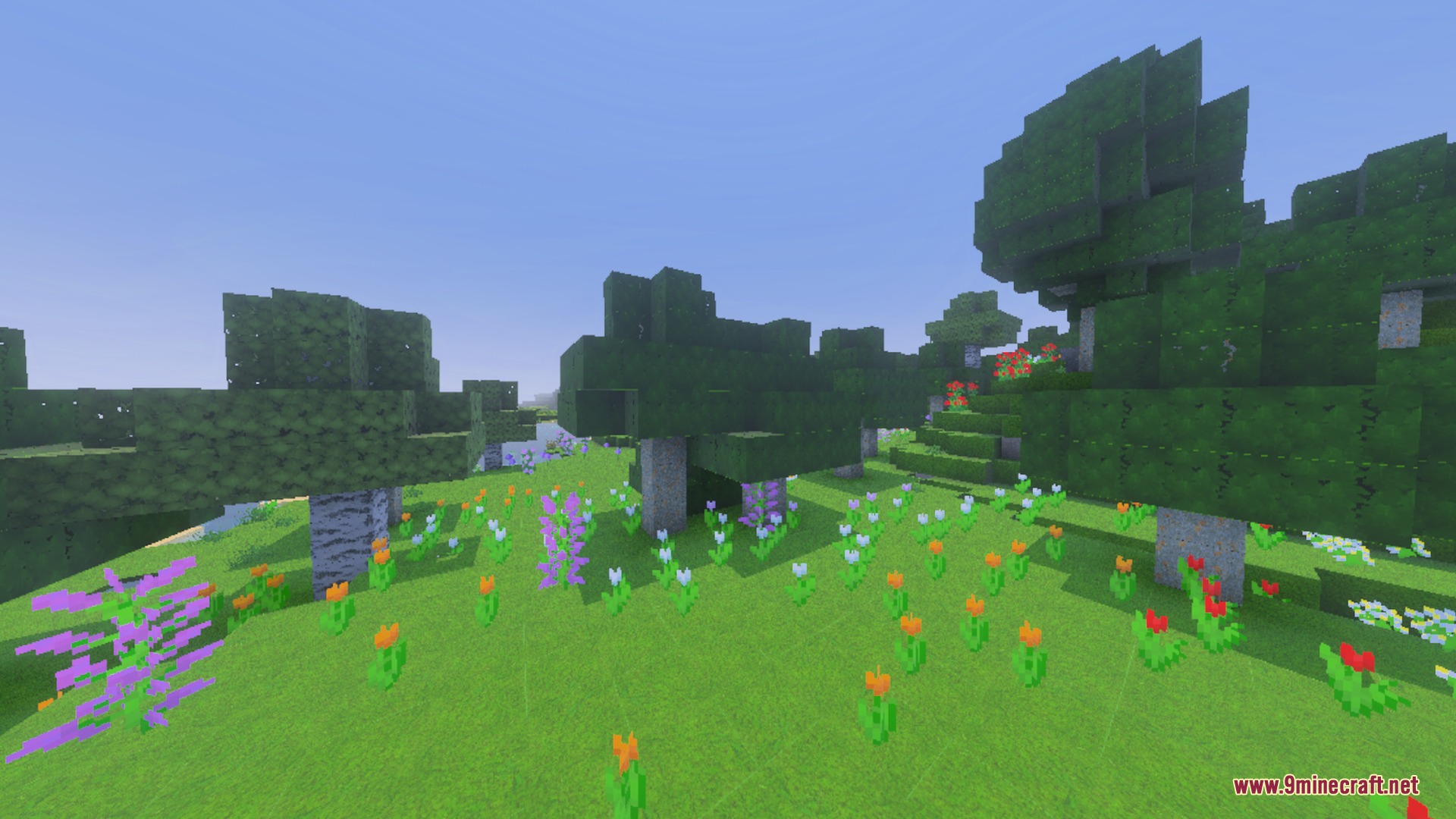 Ultimate Shaders Screenshot 9 Vibrant flower forest biome with colorful tulips and lush green trees