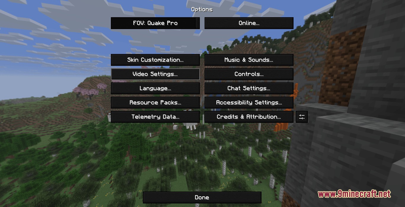 Ultra Darkmode Resource Pack Screenshot 2 The Minecraft options menu features dark buttons against a scenic landscape background