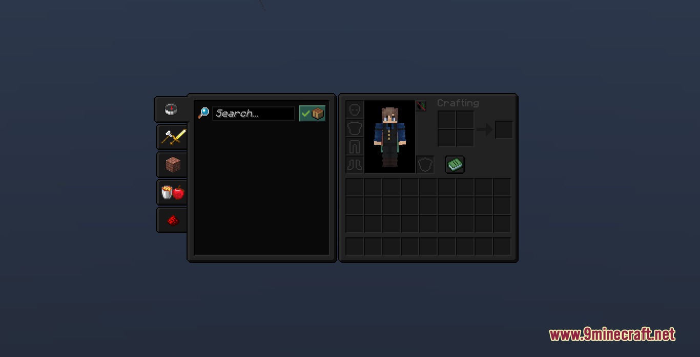 Ultra Darkmode Resource Pack Screenshot 3 Sleek dark themed Minecraft inventory screen with a character model and recipe book
