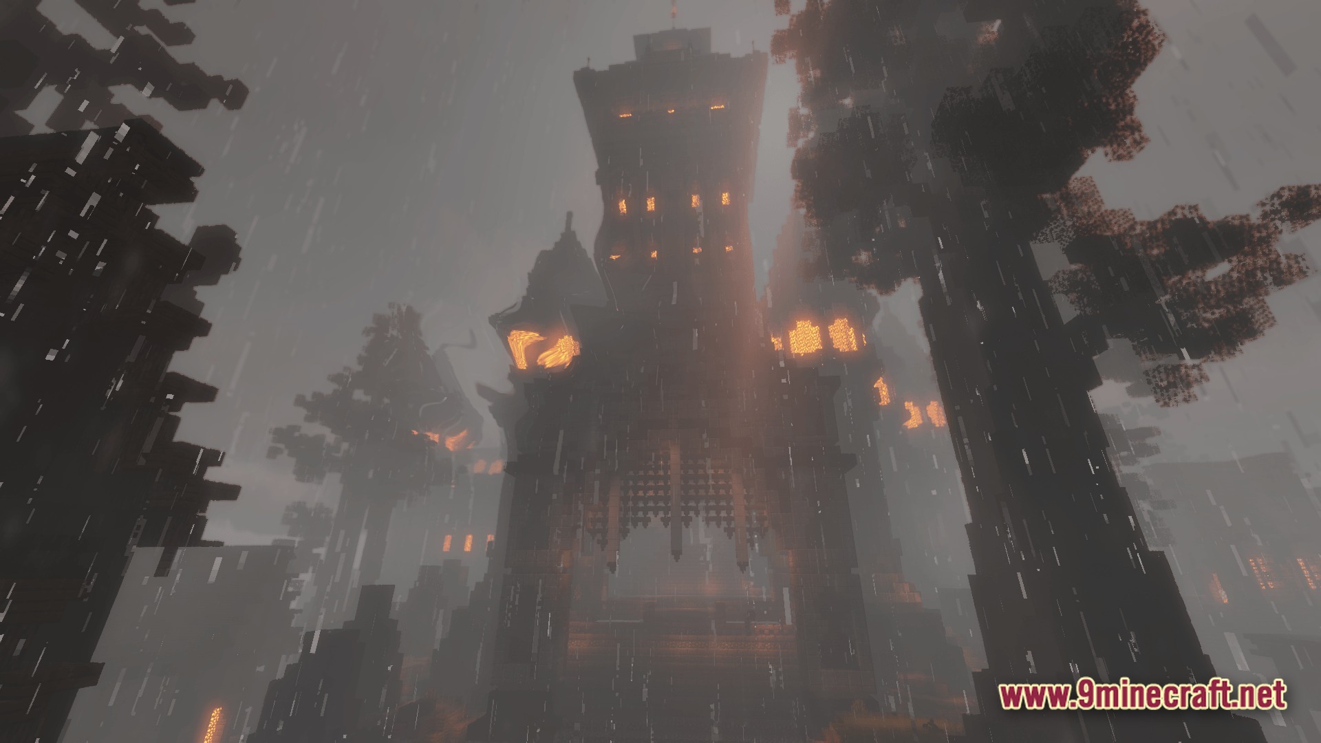 A large stone fortress with glowing windows stands amidst tall trees during a heavy rainstorm