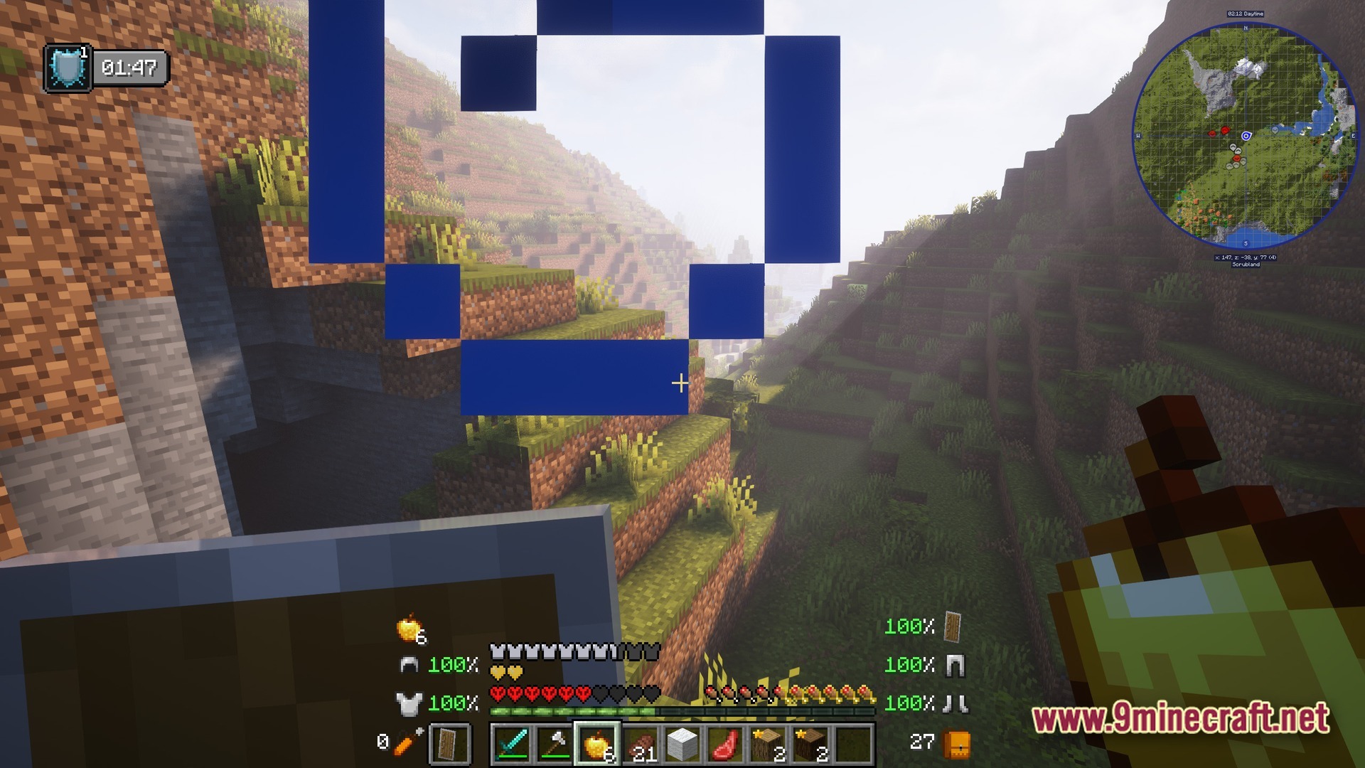 Ultra Hardcore Renewed Modpack Screenshot 10 A player holds a golden apple while looking across a hilly landscape with a custom HUD