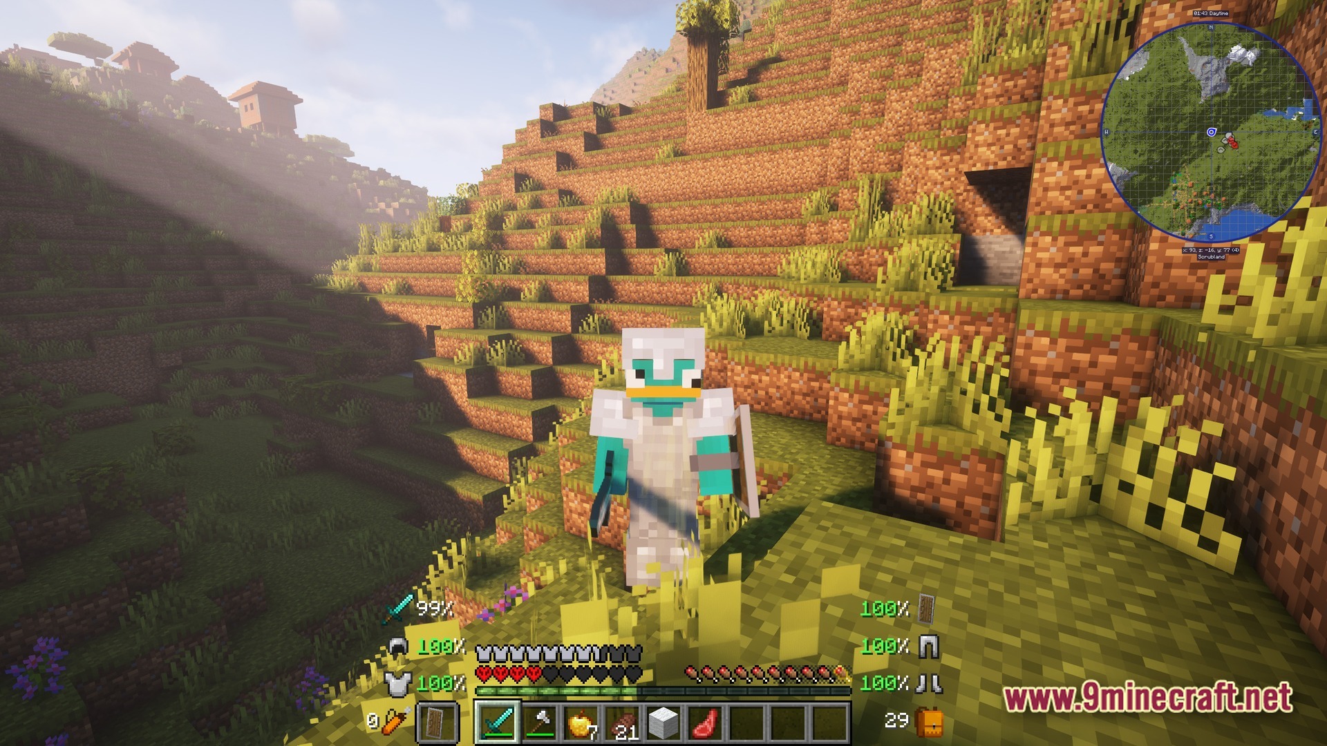 Ultra Hardcore Renewed Modpack Screenshot 9 A player wearing iron armor stands on a grassy hillside with a village in the distance
