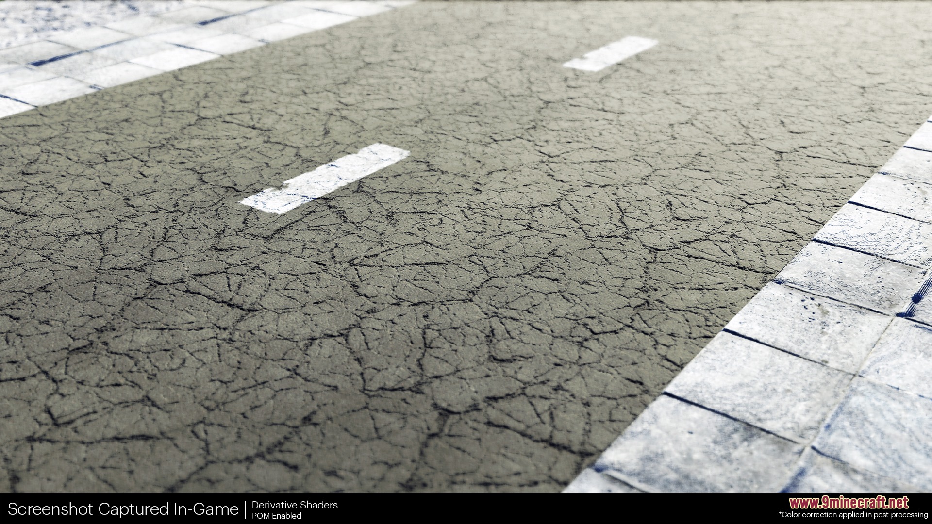 Unbelievable Definition 2048x Resource Pack Screenshot 2 Realistic cracked asphalt road texture with white markings and stone tiled edges
